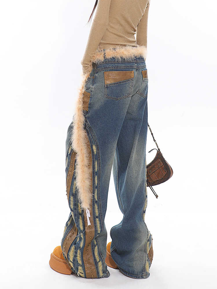 Patchwork Leather Bell Bottom Jeans