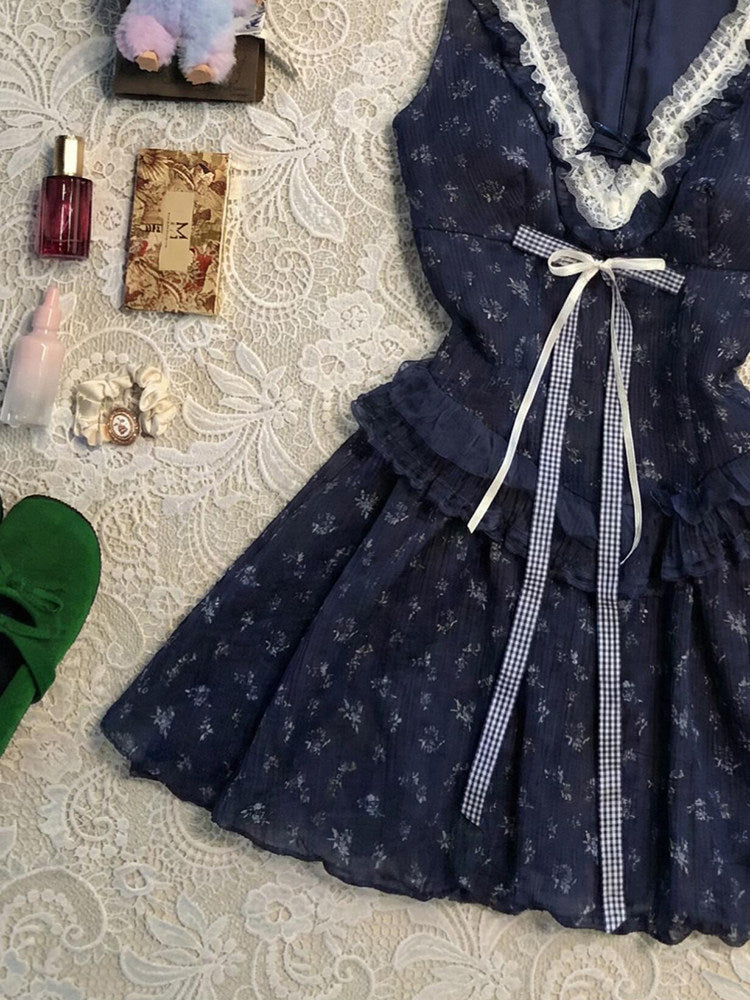 floral v-neck navy lace dress