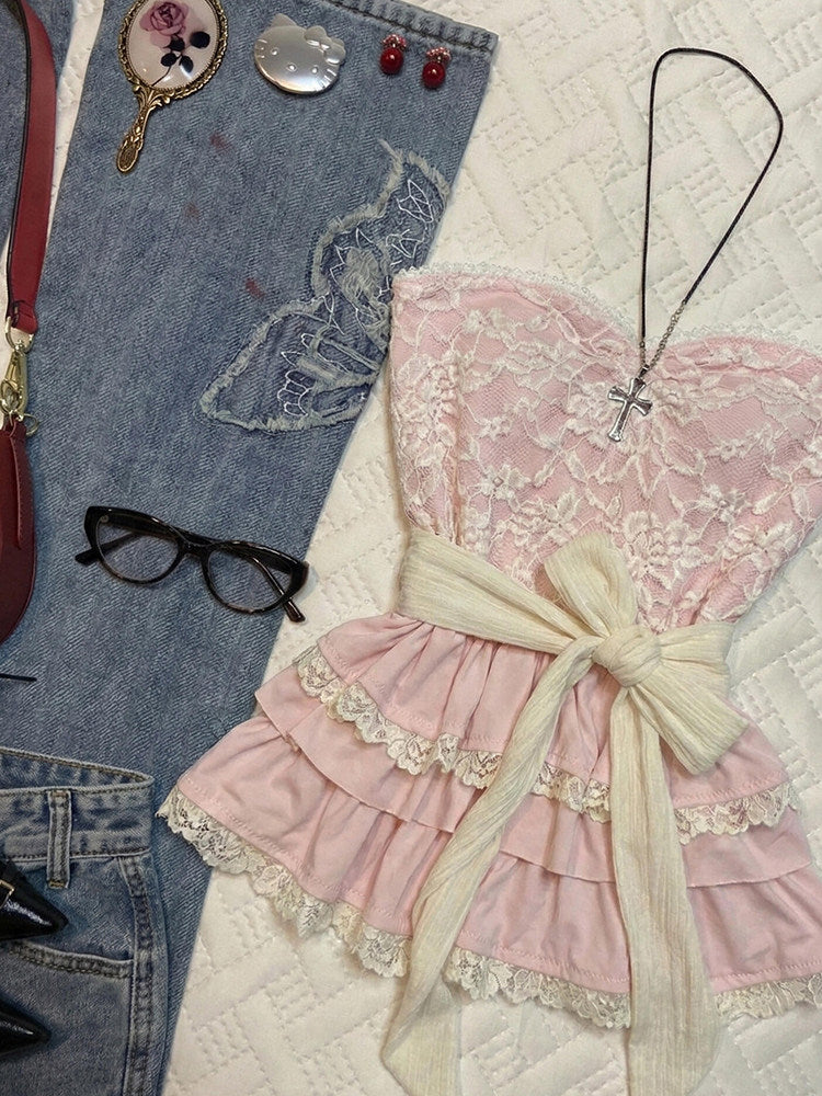 pink lace strap crop top