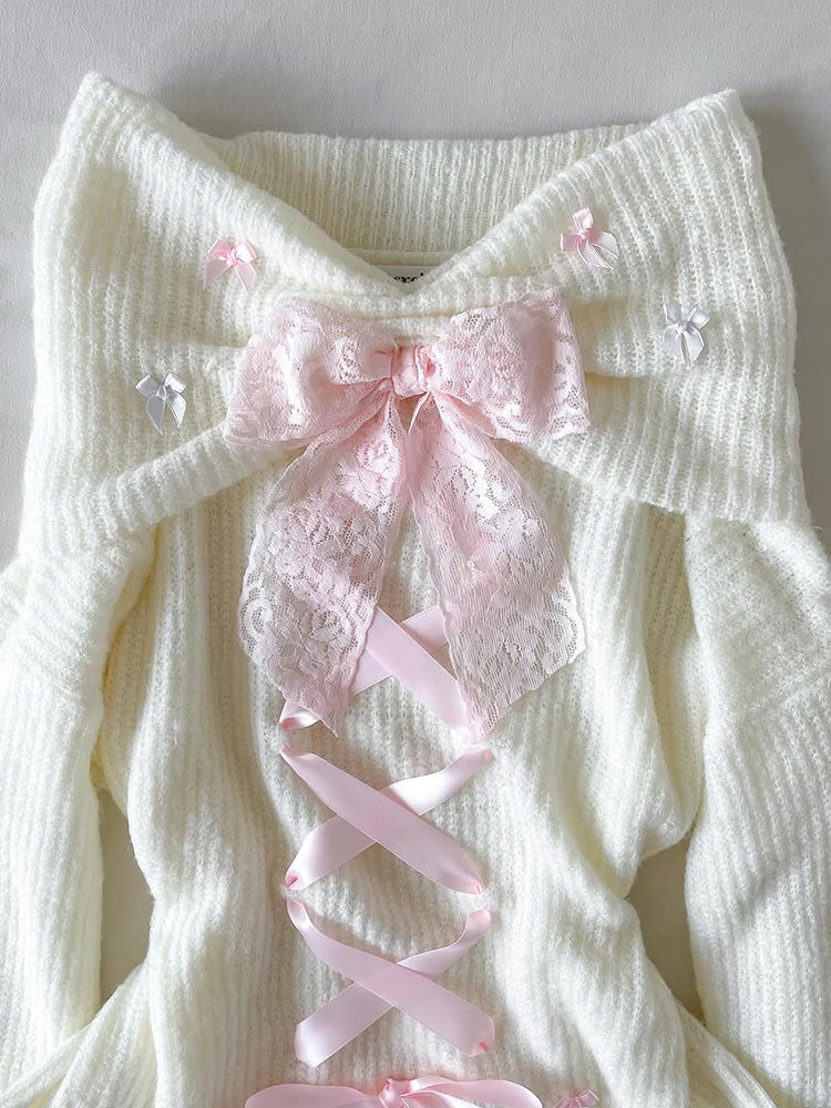 coquette strapped bow one-shoulder sweater