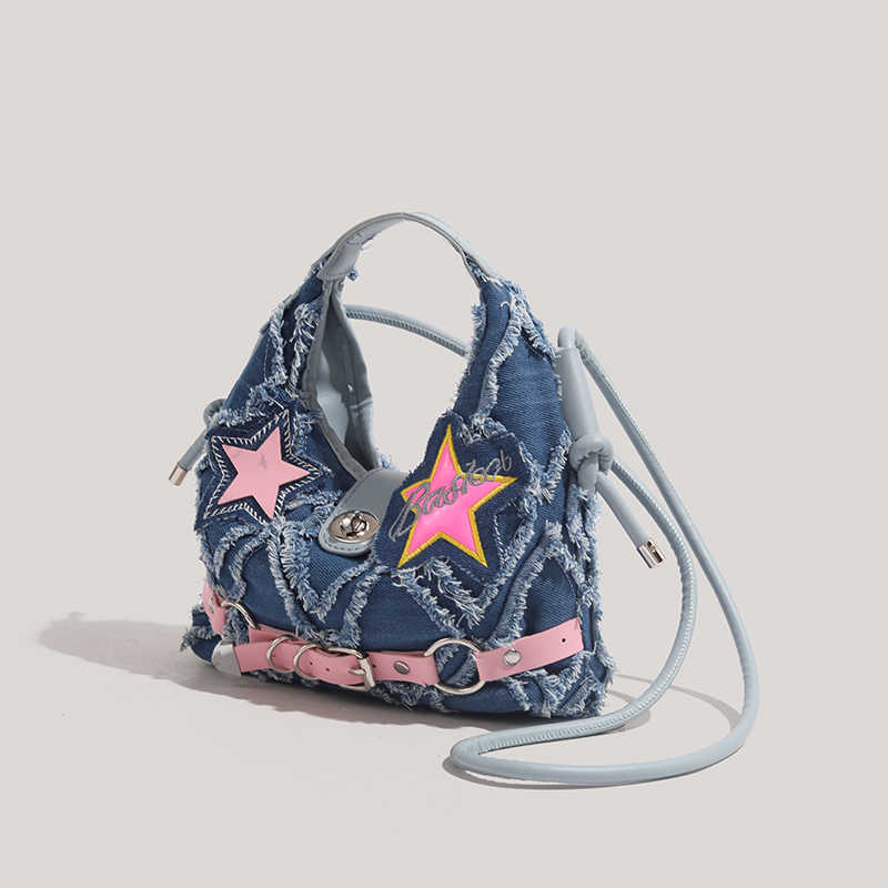 Y2K Pink Star Denim Crossbody Bag