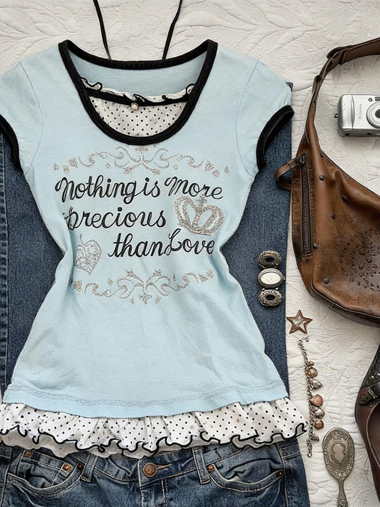 retro polka dot trim letters shirt