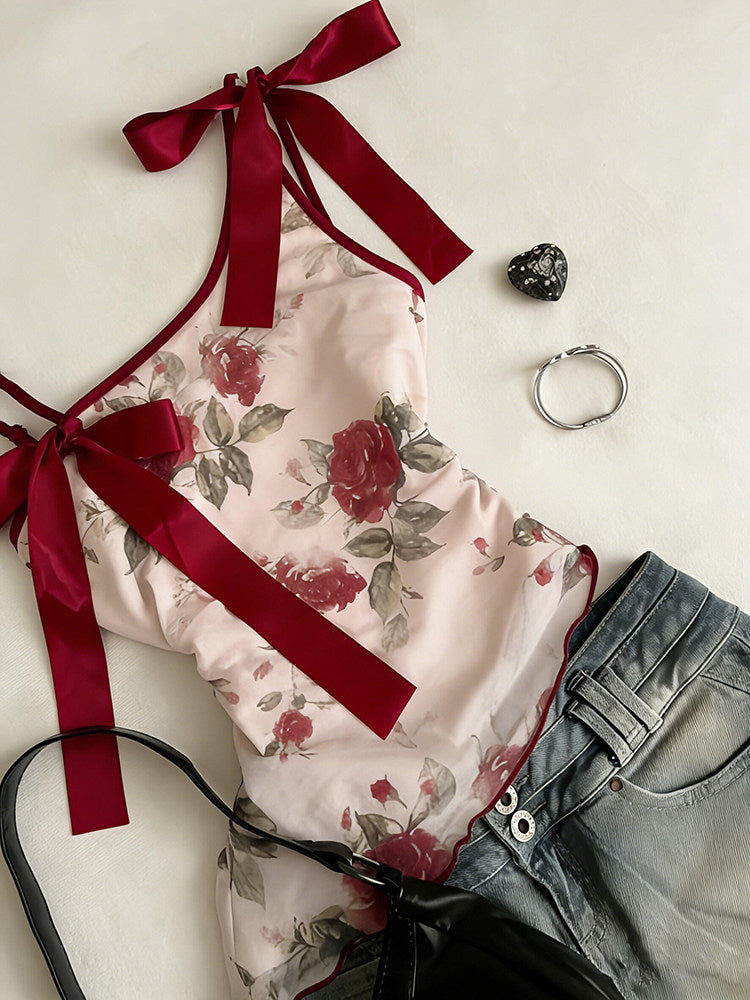 red retro roses straps tank top