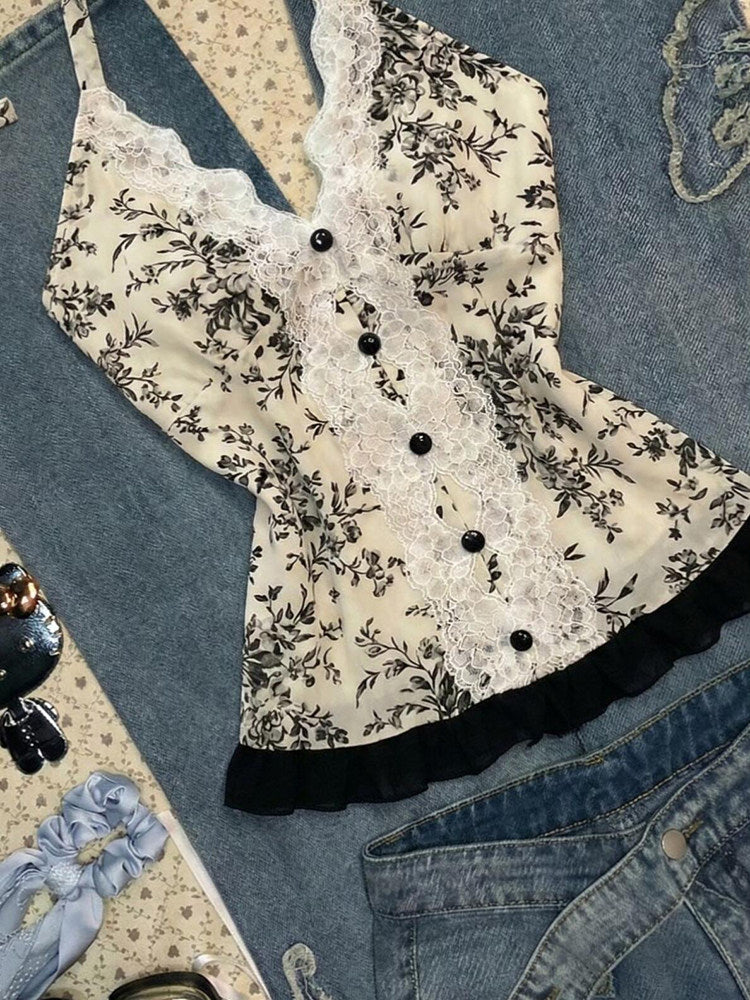 black lace floral halter top