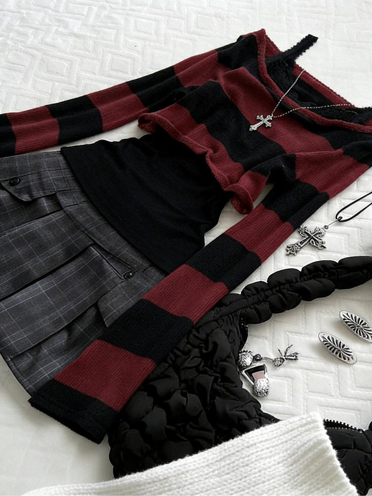 red plaid goth long-sleeved off-shoulder top
