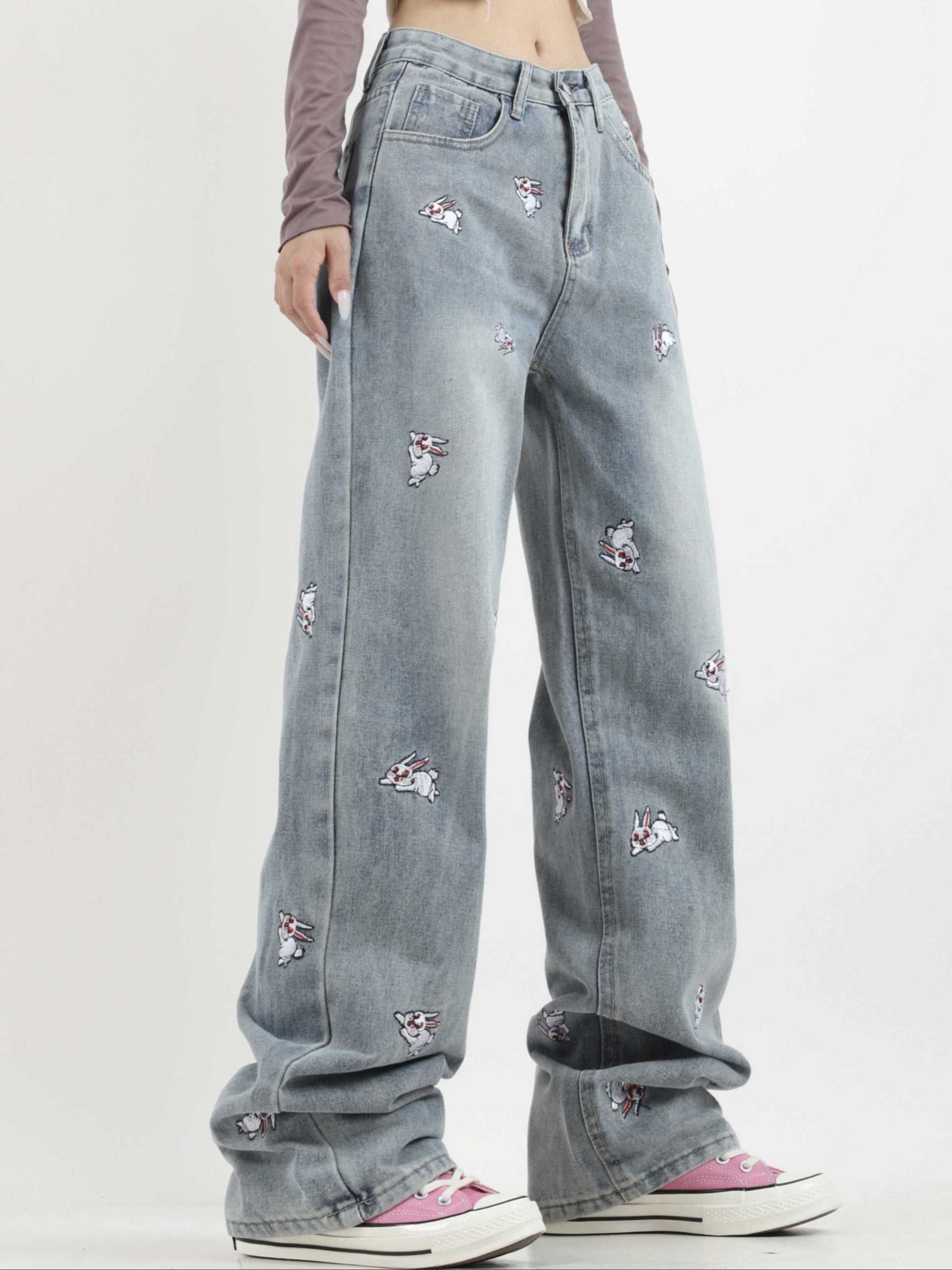 Acubi Cute Blue Rabbit Embroidered Jeans