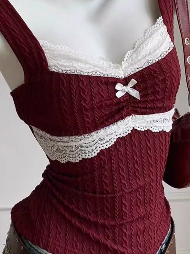burgundy lace knit tank top