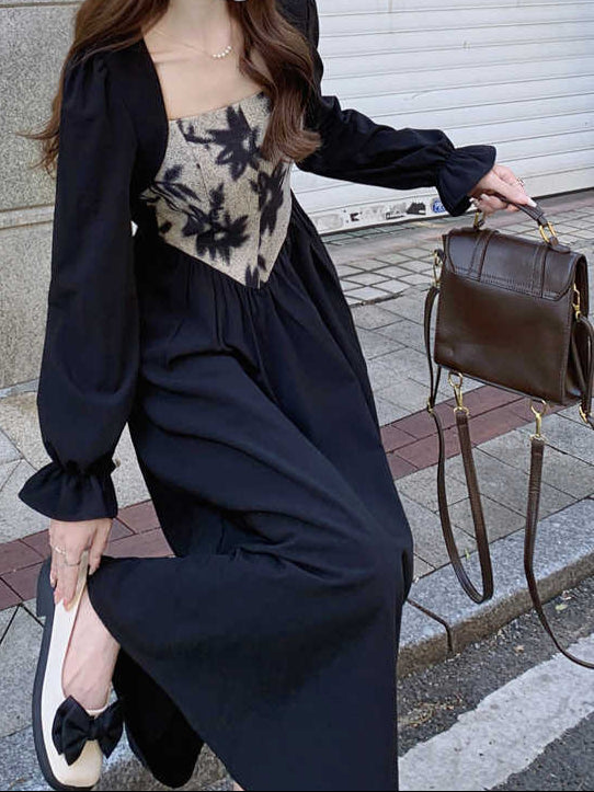 French Elegant Floral Long-sleeved Dress