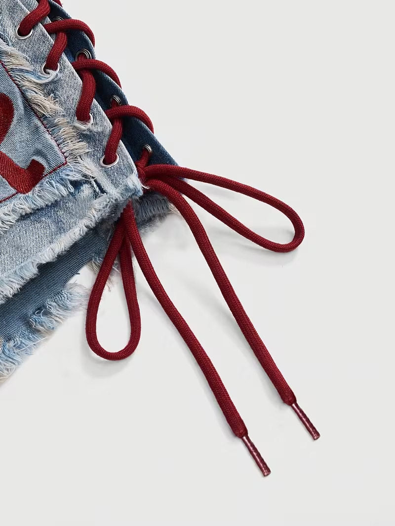 Vintage Print Denim Halter Top