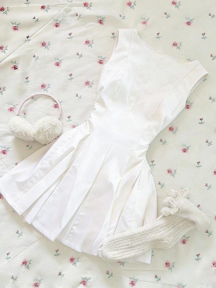 white sleeveless pleated dress