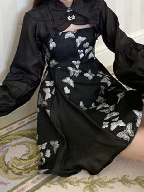 Dark Coquette Cheongsam Dress with Chiffon Blouse