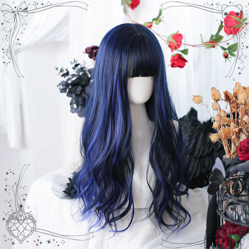 Navy Long Curly Wig