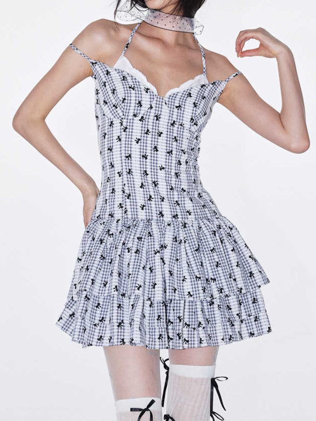 Bows Plaid Double-layer Suspender Puffy Dress