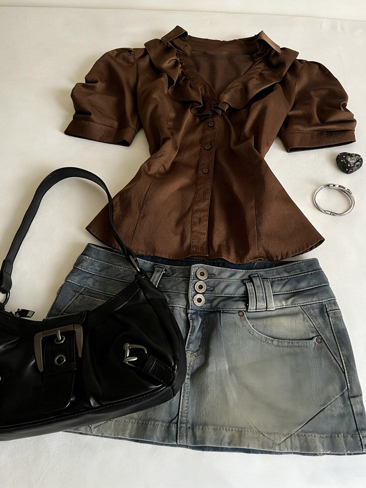 brown ruffled retro shirt