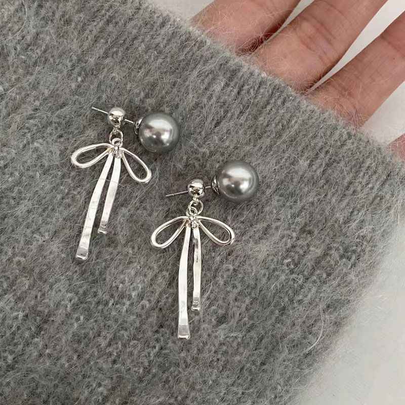 Gray Bow Tassel Earrings