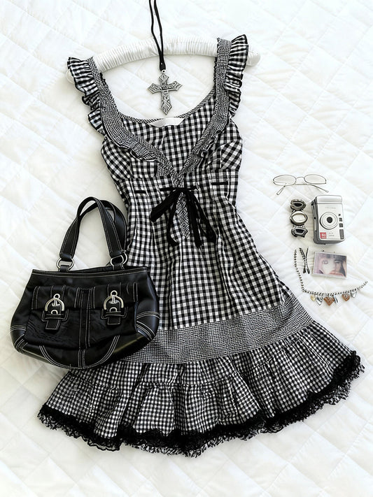 retro plaid bow lace dress