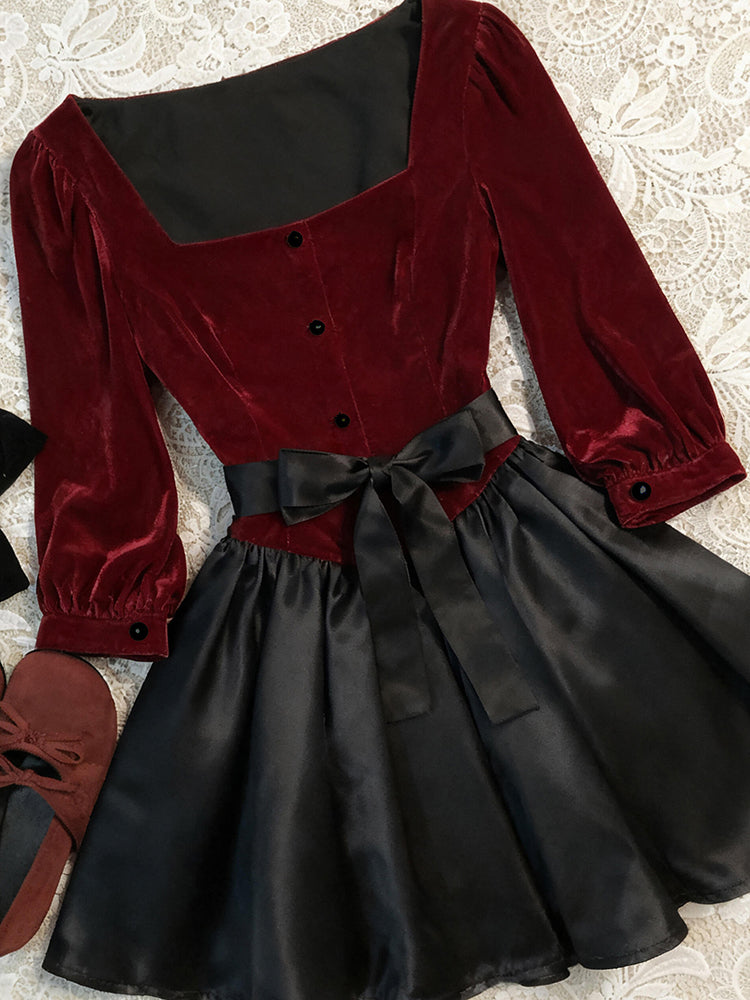 red retro elegant square neck dress