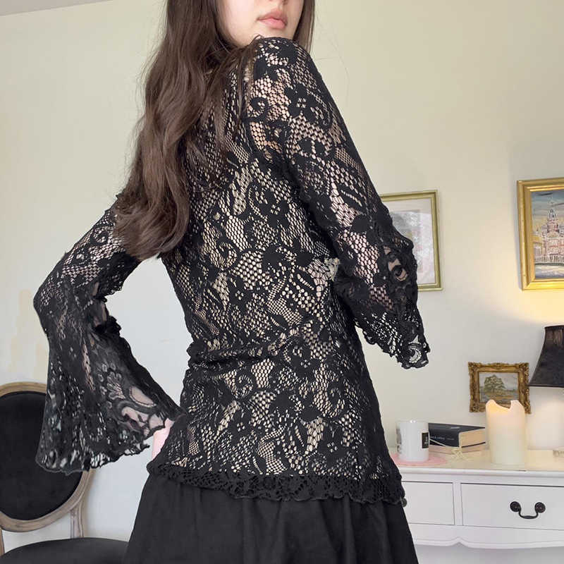 Dark Coquette V-neck Bell Sleeve Lace Top