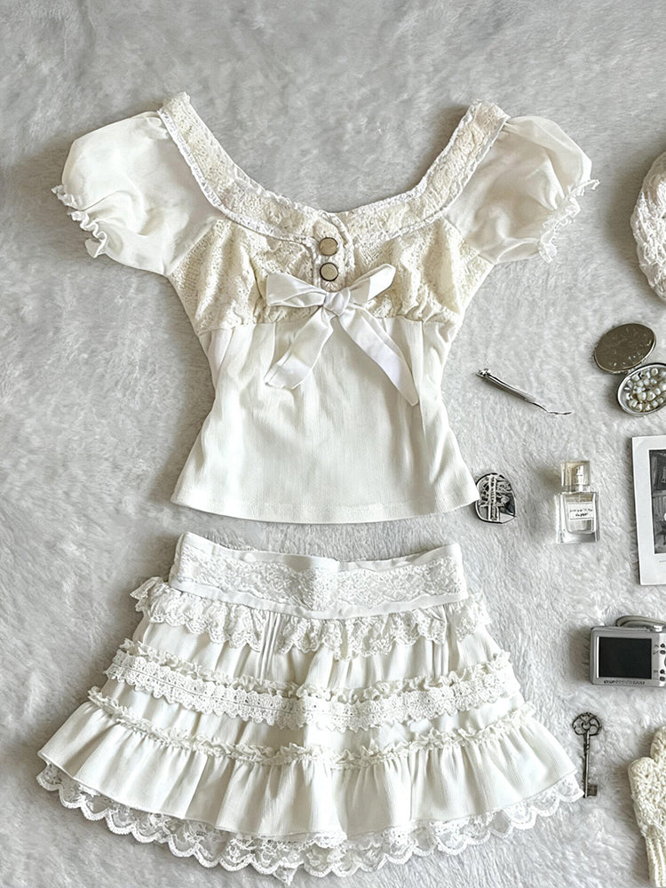 retro white lace top+skirt suit