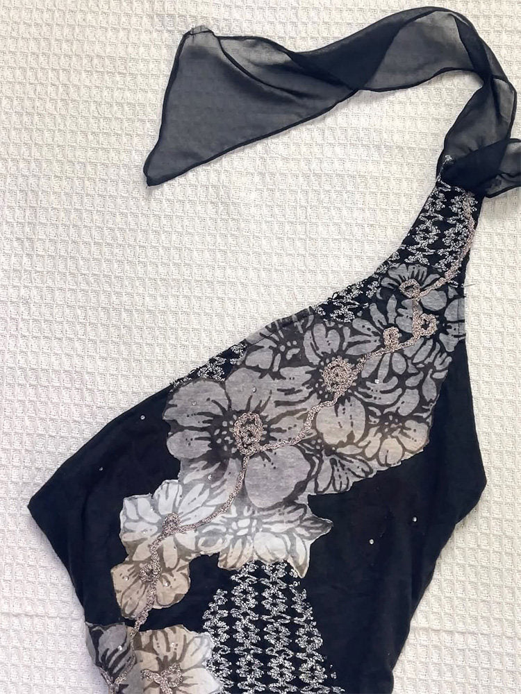 black flower mesh strap top