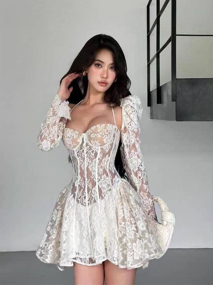 puff sleeves lace corset dress