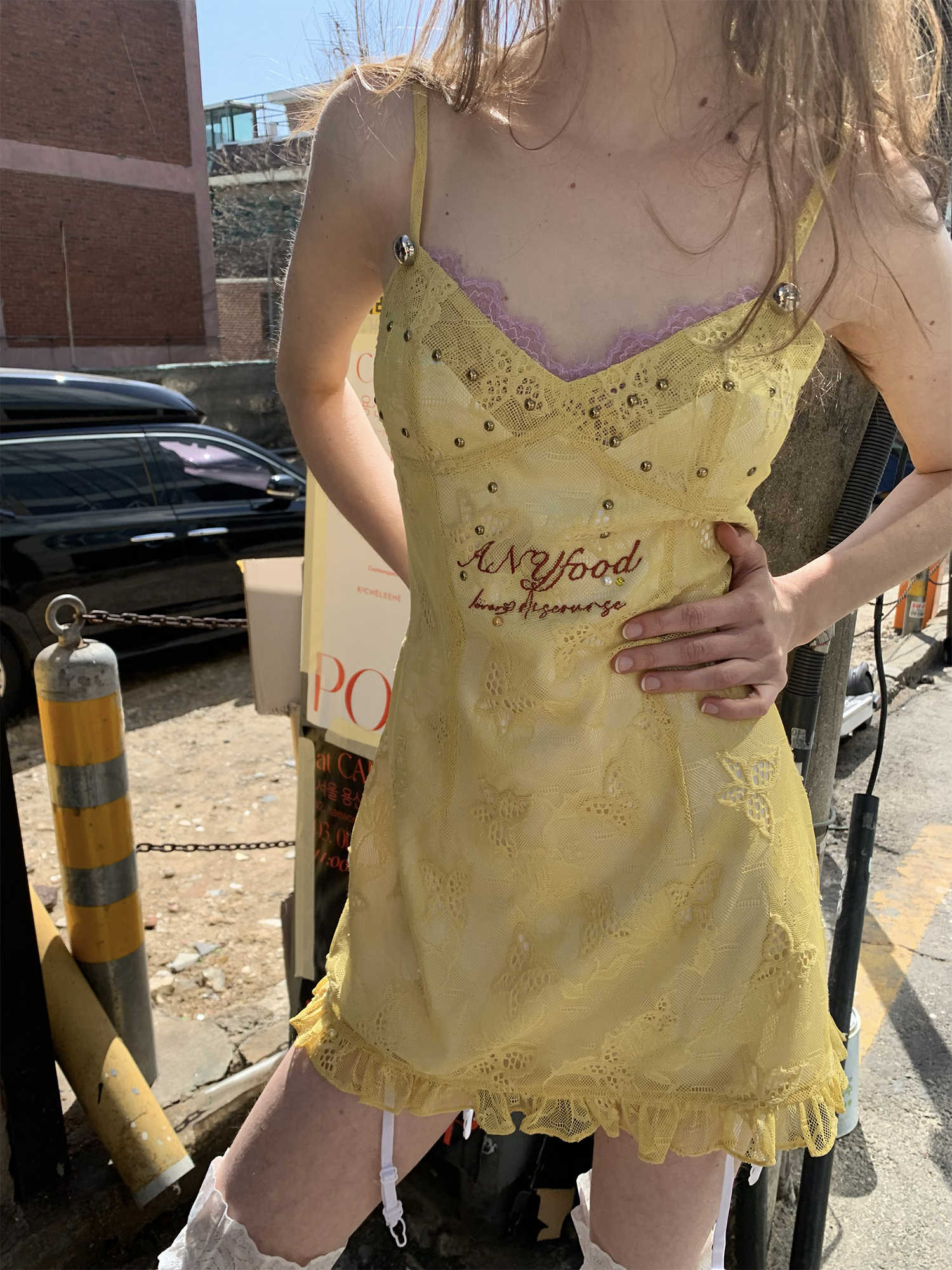 Lemon Yellow Butterfly Embroidery Dress