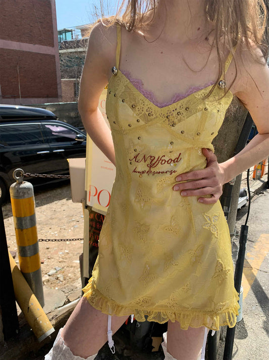 Lemon Yellow Butterfly Embroidery Dress