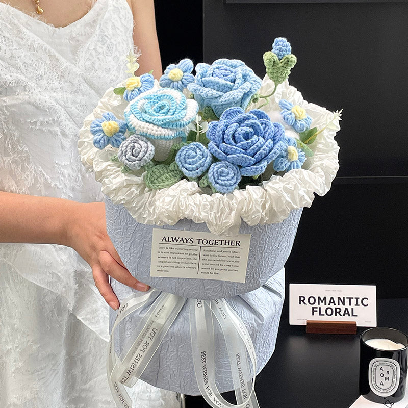 Hand-knitted crocheted wool flowers bouquets