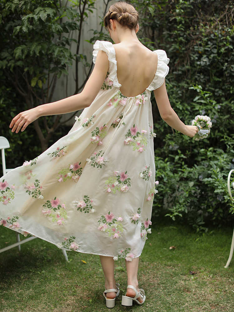 Backless Flowers Ruffle Dress