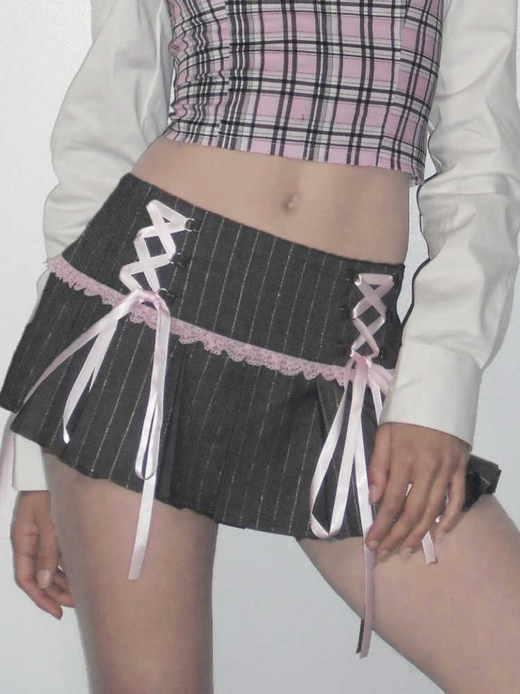 Bow Straps Striped Pleated Skirt