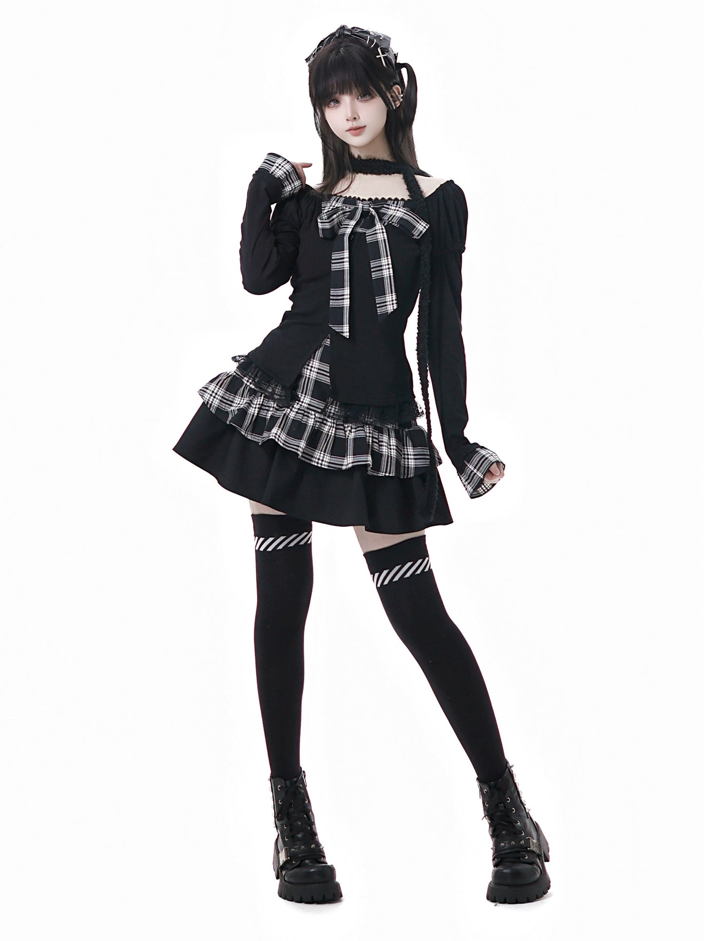 dark coquette plaid bow coord