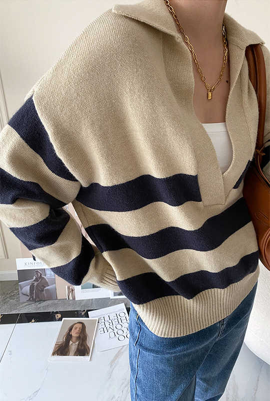 Preppy Striped V-neck Knit Top