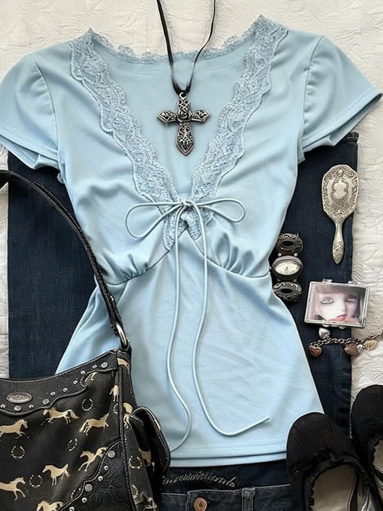 retro blue lace trim shirt