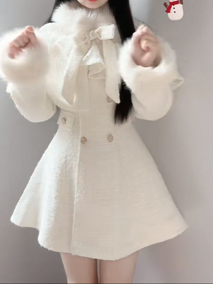 Cape Coat + Double-Breasted Bow Dress 2-Piece Set