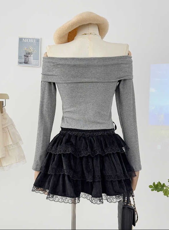 Off-shoulder Bow Dark Coquette Knitted Top Coord