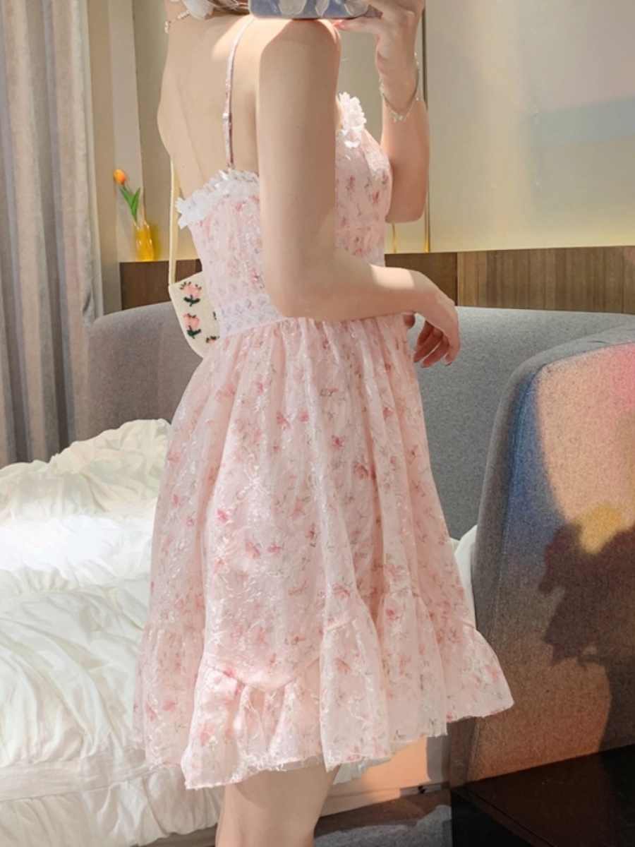 Pink Floral Chiffon Suspender Dress