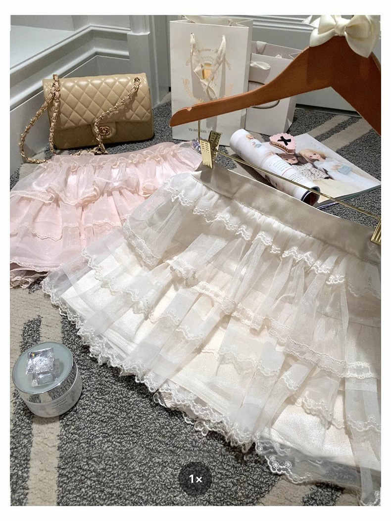 Cream Lace Puffy Cake Skirt