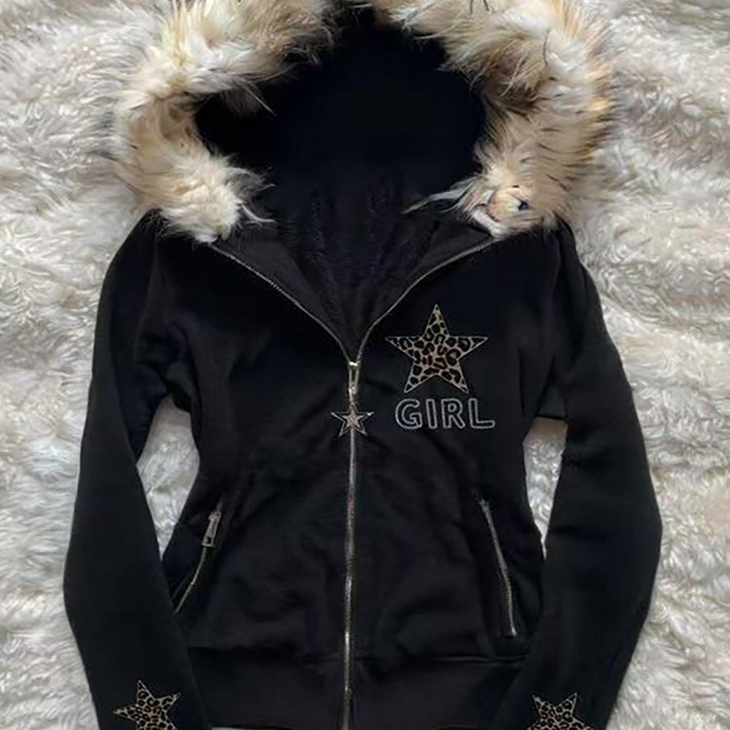 Vintage black leopard print star pattern hooded jacket