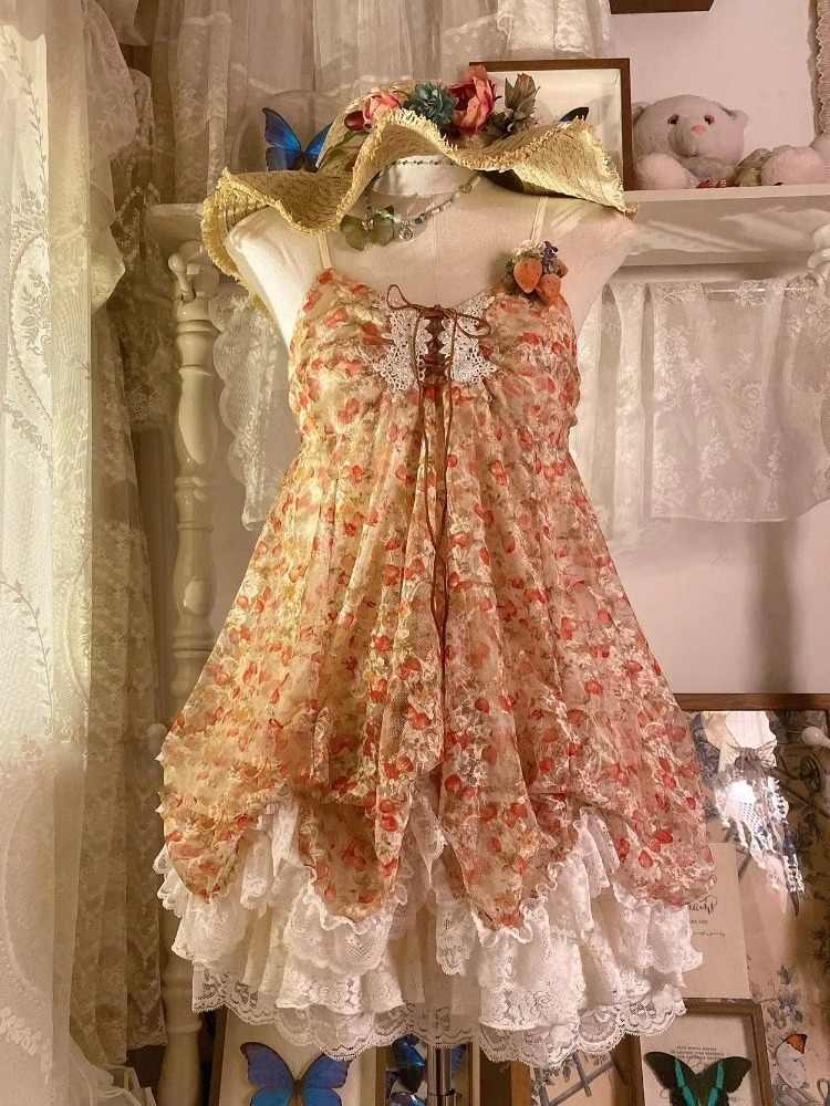 Retro Floral Mesh Ruffled Dress