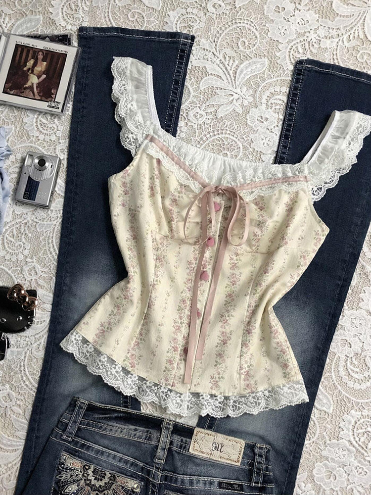 lace floral retro tank top