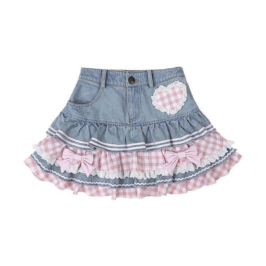 Bow Lace Trim Pink Plaid Denim Mini Skirt