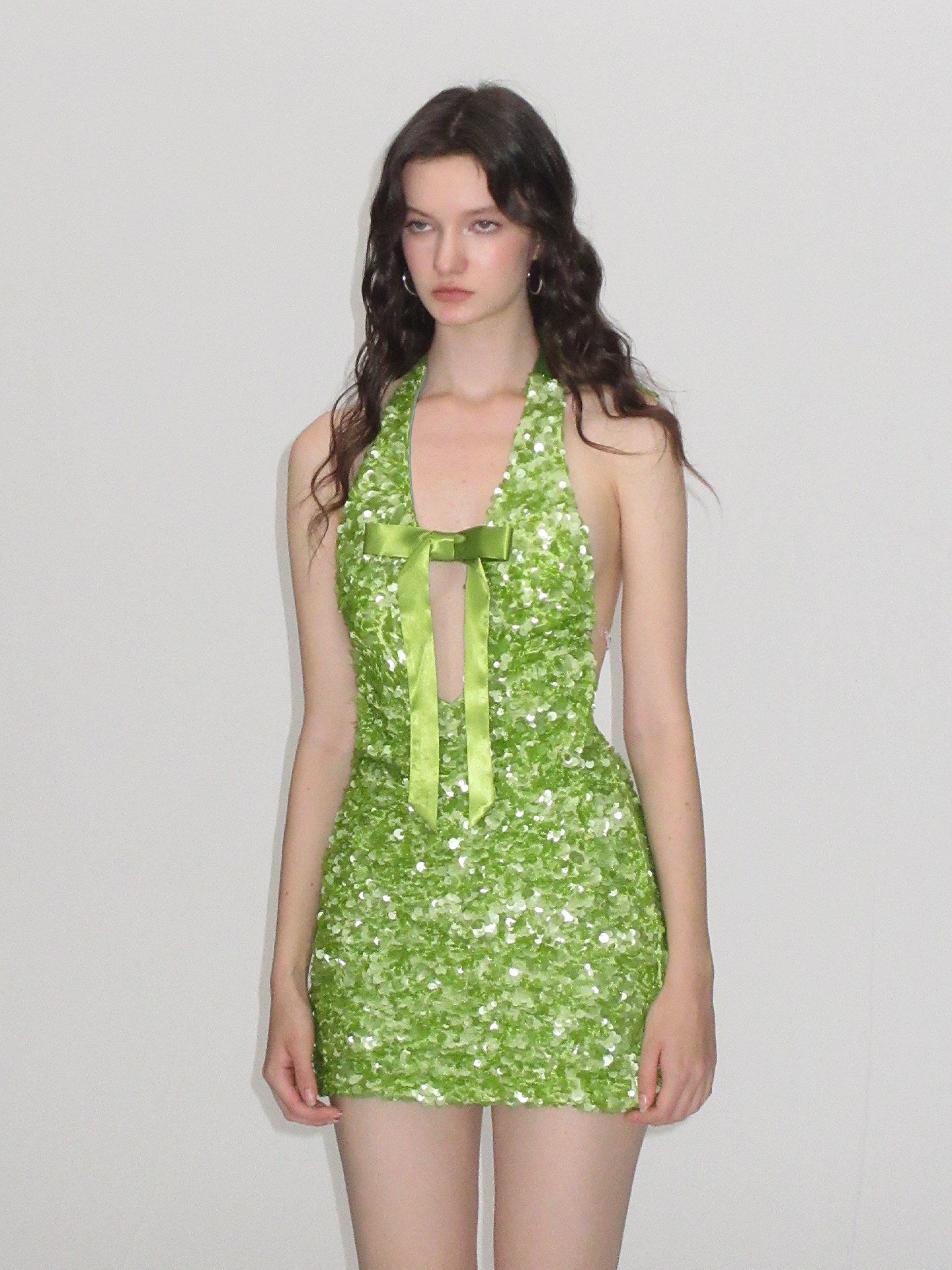 Deep V Bow Sequined Halter Dress
