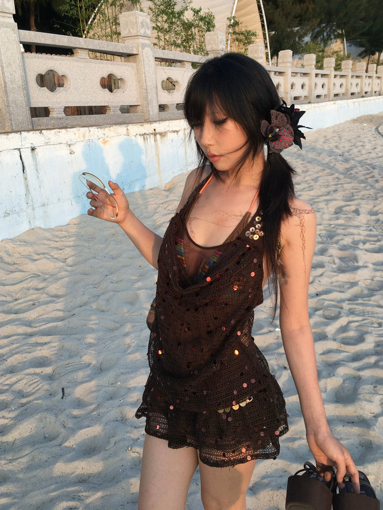 Y2K Sequin Halter Neck Micro Mini Dress – Sexy Two-Tone Layered Style