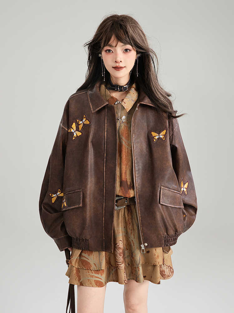 Butterfly Embroidery Brown Leather Jacket