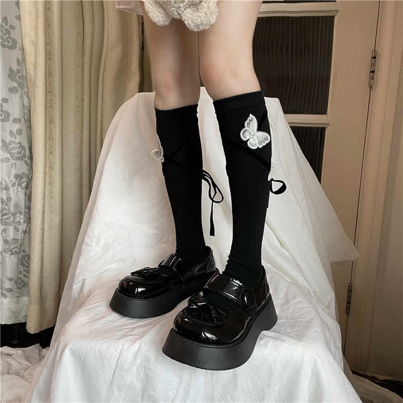 Dark Coquette Embroidered Butterfly Mid-calf Socks