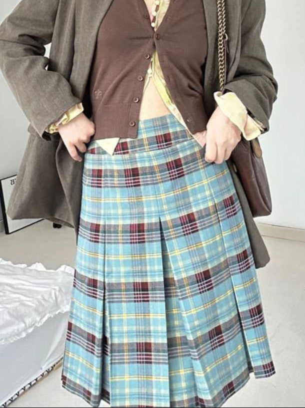 Preppy Green Mid-length Plaid Skirt