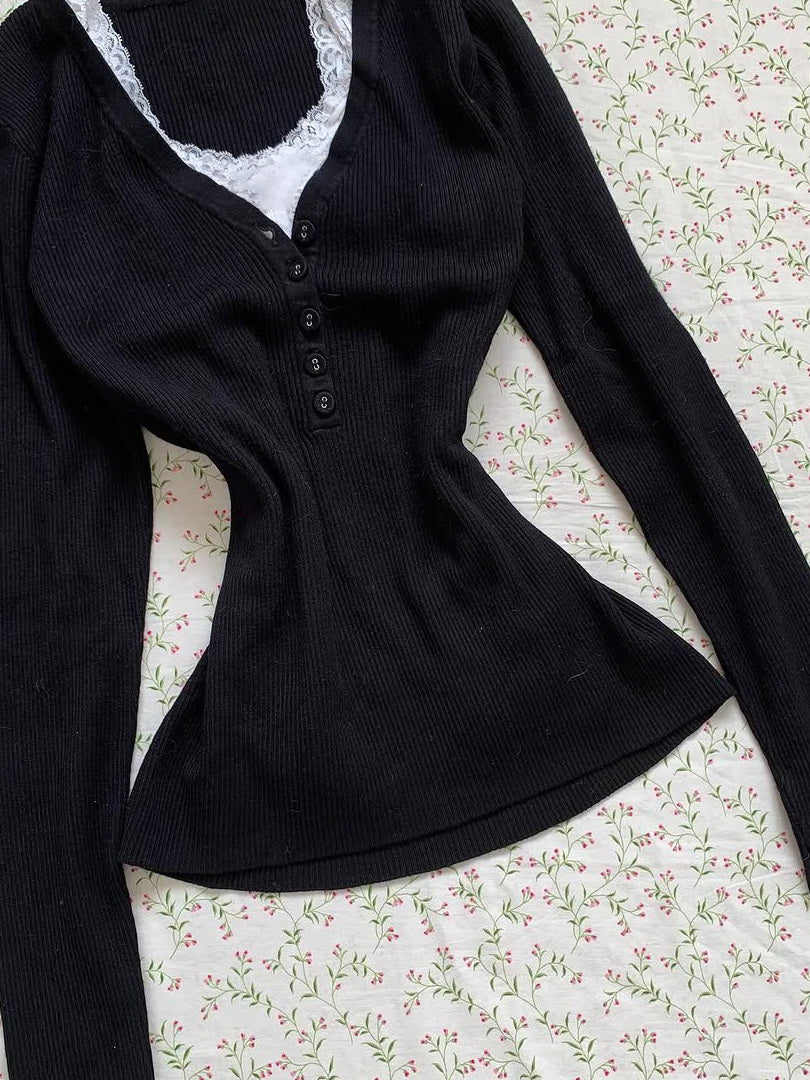 lace suspender U-neck long-sleeved top