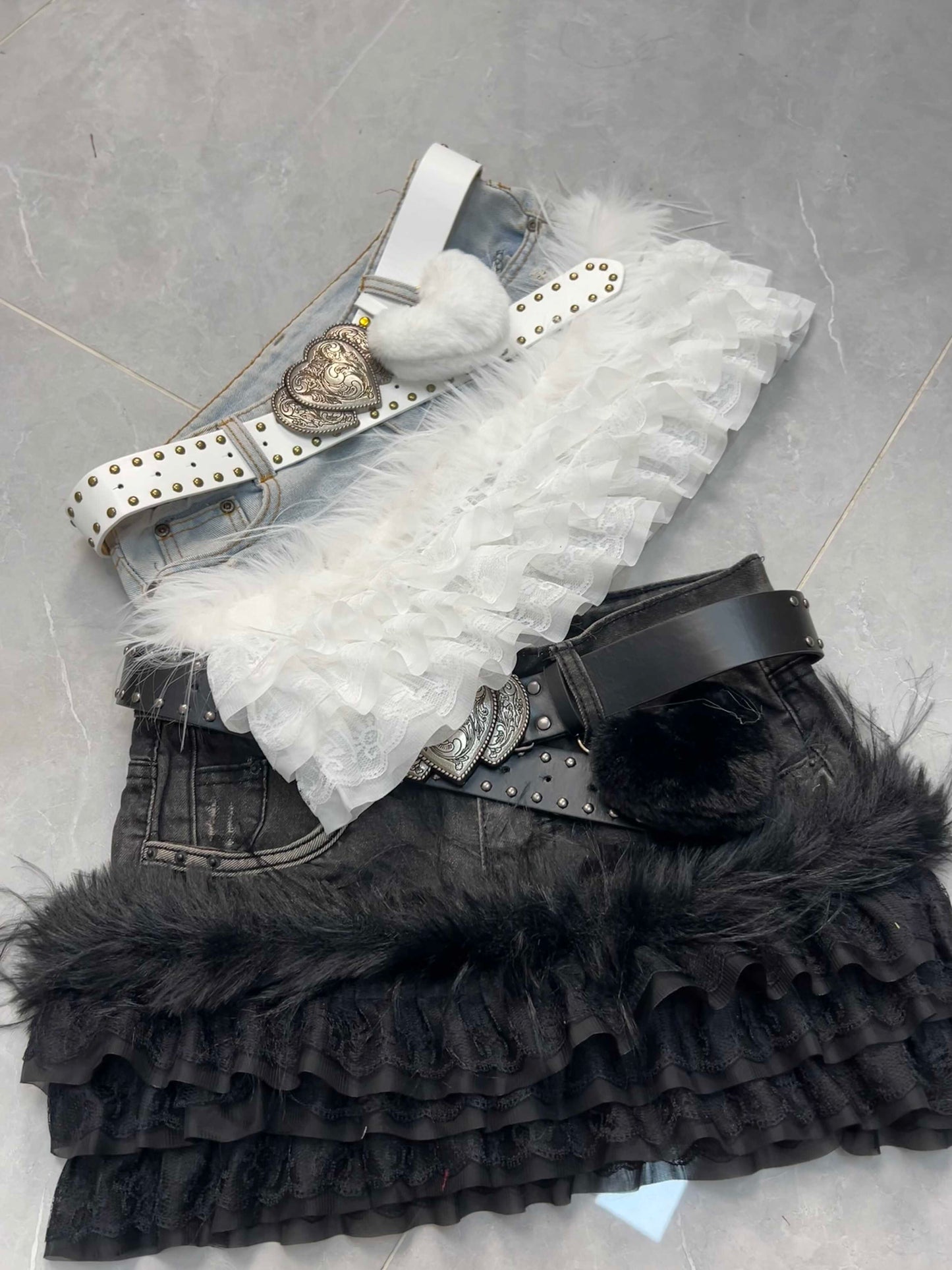 Y2K Lace Plush Denim Patchwork Mini Skirt