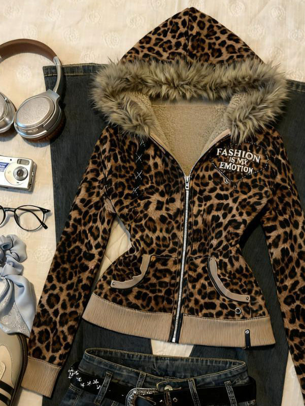 y2k vintage leopard print hooded jacket