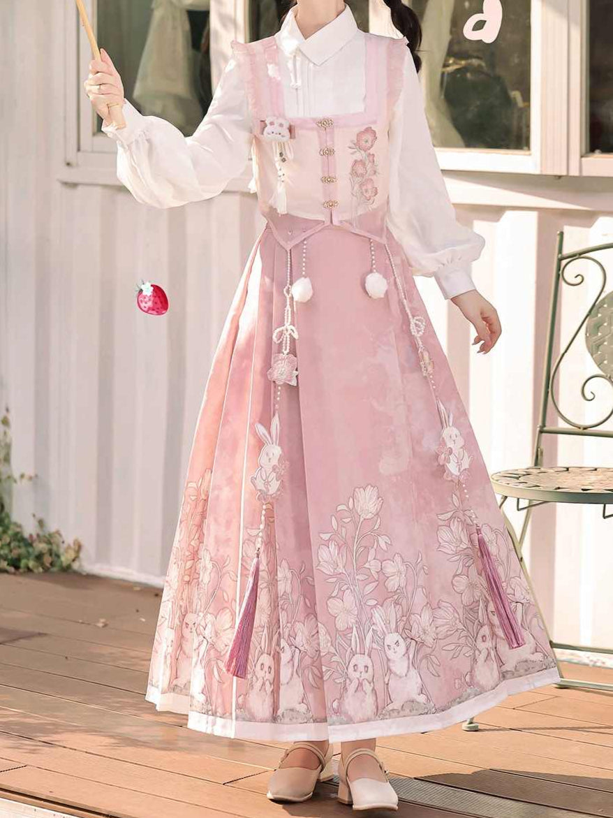 Hanfu Aesthetic Pink Rabblit Shirt + Skirt Suit